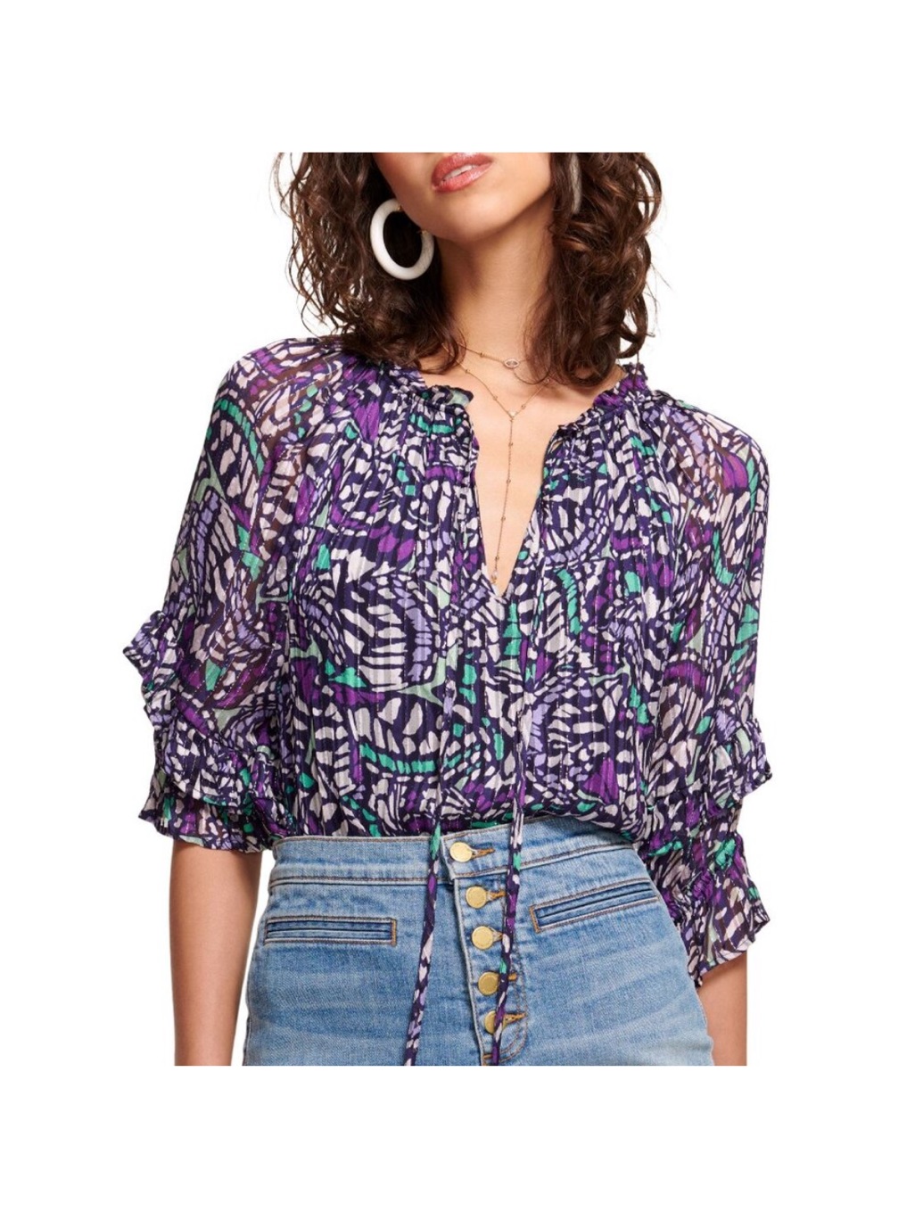 Ramy Brook Altyn Butterfly Print Tierred Sleeve Blouse In Purple Size L